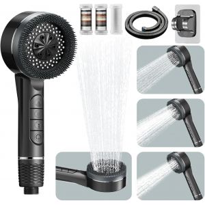 JGD-Pommeau de Douche Haute Pression, 4 Types de Jets Pommeau de Douche Anti Calcaire avec Tuyau Douche 1.5M et Support de Douche, Pommeau Douche Economie avec Bouton D'arr&ecirc;t D'eau, Gris - Neuf