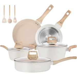 Subzonal-Batterie De Cuisine 11 Pi&egrave;ces En C&eacute;ramique Antiadh&eacute;sive Couleur Cr&egrave;me - Set Casseroles Et Po&ecirc;les Compatible Tout Feux Dont Induction - Neuf