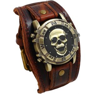 Eryi-Montre Homme Cuir Crâne: Montre Homme Bracelet Cuir Large Avec Cadran Tête De Mort Bronze Vintage Gothique Punk Biker Montre Poignet De Force Manchette Analogique Quartz - Cadeau Halloween - Neuf
