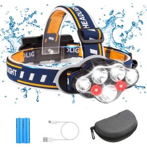 Eryi-Lampe Frontale À Led, Super Lumineuse, 18 000 Lumens, 8 Modes, Rechargeable, Étanche, Avec Lumière Rouge Clignotante, Pour Le Camping, La Pêche, Le Cyclisme, La Randonnée, La Lecture, Ipx5 (7 Le - Neuf
