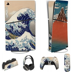Eryi-Autocollant Protection Pour Ps5 Slim Console Accessoires,Sticker Skin Pour Ps5 Manette & Télécommande & Casque & Station De Charge,Digital Edition-Grande Vague - Neuf