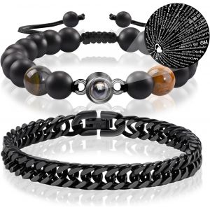 Kal-Bracelet Homme Ensemble Cha&icirc;ne Acier Inoxydable Bracelet Pierre Naturelle Idee Cadeau Anniversaire F&ecirc;te Des P&egrave;res Saint Valentin No&euml;l Papa Fils Mari Petit Ami Grand-P&egrave;re Couples - Neuf