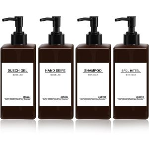 KAL-Distributeur De Savon Liquide Brun 300Ml 4Pièces Distributeur De Savon Salle De Bain En Plastique Distributeur De Gel Douche Rechargeable Pour Lotion Shampooing Douche, Avec Entonnoir, Étiquette - Neuf