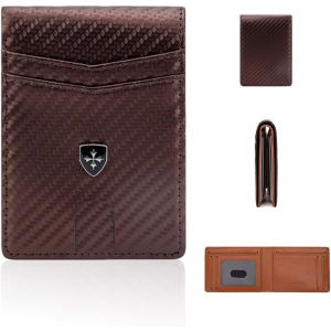 NSIECD-Portefeuille Homme Slim Cuir en Fibre de Carbone avec Blocage RFID et Emplacements pour Cartes de Cr&eacute;dit, Clip de Billets, Minimaliste Porte Monnaie Homme Bi-Fold avec Bo&icirc;te Cadeau - brun - Neuf