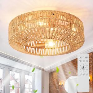 Ventilateur De Plafond Avec T&eacute;l&eacute;commande E27 R&eacute;tro Corde De Chanvre Plafonnier Avec Ventilateur Silencieux 6 Vitesses Moteur R&eacute;versible Ventilateur Lumi&egrave;re Salon Chambre Salle &Agrave; Manger Lumi&egrave;re,50Cm - Neuf