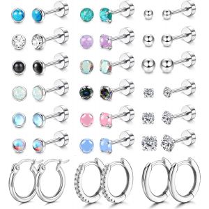 Kal-21pairs Petites Boucles D'oreilles Femme Acier Chirurgical Zirconia Opale Pierre De Lune Clous D'oreilles Hypoallerg&eacute;nique Boucles D'oreilles Cr&eacute;oles Argent Piercing Cartilage Oreille - Neuf
