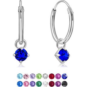 Kal-&reg; Boucles D'oreilles Petites Cr&eacute;oles En Argent Fin 925 Avec Petit Pendentif 3 Mm Cristaux De Swarovski&reg; Elements Ronds - &Eacute;paisseur 1.5 Mm - Diam&egrave;tre: 14 Mm - Choix De Diff&eacute;rentes Couleurs - Neuf