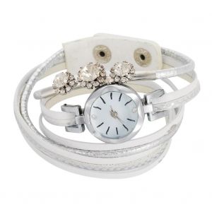 Femmes Strass Pu Sangle Cadran Rond Quartz Bracelet Montre Montre-Bracelet (Blanc) - Neuf