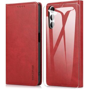 Kal-Coque Pour Samsung Galaxy A05s 4g (6.7"") Avec 1 Verre Trempé,Etui Premium Housse En Cuir Pochette Protection Portefeuille Case Magnétique Étui Pour Samsung Galaxy A05s 4g - Rouge - Neuf