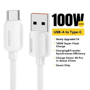 Eskal-Essager 7a 100w Usb Type C Câble Pour Huawei Honor 88w Pd Chargeur De Charge Rapide Usb A Câble De Cordon De Données Pour Xiaomi Oneplus Samsung,White 7a 100w A To C,1m - Neuf