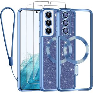 SJZG-Glitter Magn&eacute;tique Pour Samsung Galaxy S22 5G Con Cordon, [Compatible Avec Magsafe] Antichoc Brillant Paillet&eacute; Housse Souple Couqe Pour Samsung S22 Avec 2 Pi&egrave;ces Verre Tremp&eacute; &Eacute;tui, Bleu - Neuf