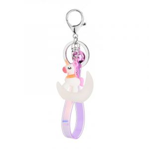 Lot de 2 porte-clés licorne lumineux en PVC souple, motif cheval et lune, poupée 3D Symphony, pendentif en cuir et corde, rose - Neuf