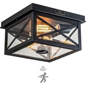 Plafonnier Exterieur Detecteur De Mouvement,Noir Luminaire Porche Avec Capteur Crepusculaire En Verre À Bulles,E27 Plafonnier Garage À 2 Lumières Avec Réglable Sensor Pour Porte D'entrée,Jardin - Neuf