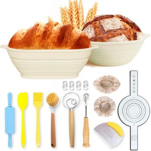 Jexnovashop-12 Pi&egrave;ces Banneton Pour Pain Kit,Corbeilles &Agrave; Pain Ovales Et Rondes En Silicone Avec Des Outils Pour La Fabrication Du Pain, Kit Pour Faire Du Pain Pour La Cuisson Du Pain (Beige) - Neuf