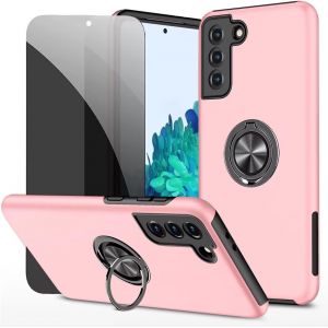 Kal-Privacy Coque Pour Samsung Galaxy S21 5g Housse Etui Avec Anti-Espion Verre Trempé Avec Support De Bague Résistant Aux Chocs Résistant Aux Rayures Pc Silicone Heavy Duty- Rose - Neuf