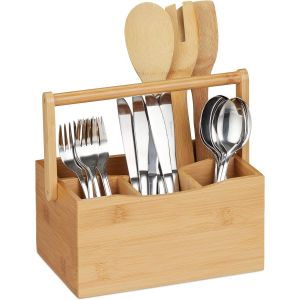 Sjzg-Porte-Ustensiles De Cuisine Bambou, 4 Compartiments, Avec Poignée, Range-Couverts, Serviettes De Table, Nature - Neuf