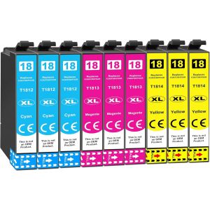Lot de 9 cartouches d'encre 18XL compatibles avec Epson Expression Home XP-322 XP-412 XP-305 XP-312 XP-215 XP-225 XP-325 XP-205 XP-415 XP-422 XP-405 XP-425 XP-315 XP-425 - Neuf