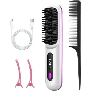 Cmwx-Brosse Lissante Sans Fil Pour Lisser, Boucler, Sécher - Rechargeable - Mini Peigne Chaud Avec Affichage Led Et 3 Niveaux De Chaleur - Brosse À Lisser Portable Pour Tous Les Types De Cheveux (Bla - Neuf