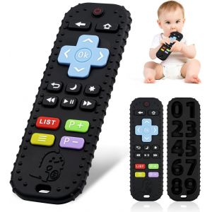 Anneau Dentition Bebe Silicone,Telecommande Jouets De Dentition Avec Attache-Sucette,Jouet Dentition B&eacute;b&eacute; Pour B&eacute;b&eacute;s Pour Nouveau-N&eacute;s Cadeaux Pour B&eacute;b&eacute; 6-12 Mois (Noir) - Neuf