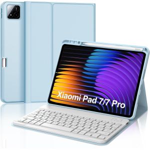 Clavier pour Xiaomi Pad 7 11.2"" 2025, Coque pour Xiaomi Pad 7/7 Pro 2025 avec AZERTY Fran&ccedil;ais Clavier Bluetooth avec Fente pour Stylo pour Tablette Xiaomi Pad 7/7 Pro 11.2"", Bleu Ciel - Neuf