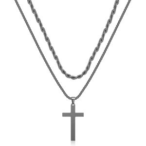 Trahoo-Collier Croix Homme, Argent Acier Inoxydable Pendentif Croix Avec Chaîne Bijoux Chretienne Catholique Croix Pour Homme - Neuf