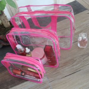 Lot de 3 sacs de voyage transparents, rouges, imperméables, en plastique transparent, pour cosmétiques et maquillage - Neuf