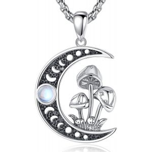 Collier Champignon En Argent 925 Pour Femme Fille,Pendentif Phase De Lune Avec Pierre De Lune Bijoux Champignon Sorcellerie,Cha&icirc;ne De 50,8 + 5cm - Neuf