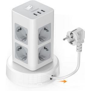 JGD-Tour Multiprise avec C&acirc;ble T&eacute;lescopique, Bloc Electrique avec 8 Sortie AC et 3 Ports USB, Prise Multiple 2500W avec Interrupteur et Rallonge Electrique 2M, pour Bureau et Maison, Gris - Neuf