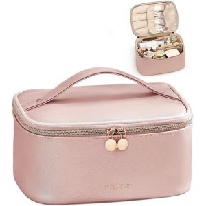 Prite Grand Trousse de Maquillage pour Femme Trousse de Toilette de Voyage Vanity en Cuir Imperméable avec Poignée et Séparateur Amovible (Rose) - Neuf