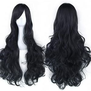 Kalanka-80cm Longue Perruque De Cosplay De Cheveux Naturels Boucl&eacute;s Avec Une Frange Color&eacute;e Halloween Costume Party Perruques Pour Les Femmes (Noir) - Neuf