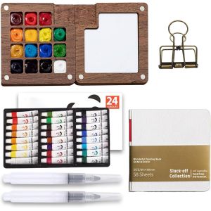 Kalanka-Mini Palette D'aquarelle Avec Palette Aquarelle Portable, 15 Grilles Et 24 Couleurs Aquarelle, Carnet De Croquis, Clips De Peintre, Artiste De Poche, Kit De Voyage Pour Peintres, Artistes, &Eacute;t - Neuf