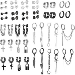 Tianyi-Boucles A'oreilles En Acier Homme Femme Inoxydable, Petit Ensemble De Boucles D'oreilles Créoles Noires, Boucles D'oreilles À Chaîne Croisée, Piercing Oreille (26/46 Pièces) - Neuf