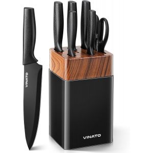 Mevronisshop-Couteau Cuisine, Set Couteau Cuisine 7 Pi&egrave;ces Avec Bloc Et Aiguiseur Int&eacute;gr&eacute;, Bloc &Agrave; Couteaux Avec 5 Couteaux Diff&eacute;rents Et 1 Paire De Ciseaux, Couteaux De Cuisine Tranchants 6 Pi&egrave;ces, N - Neuf