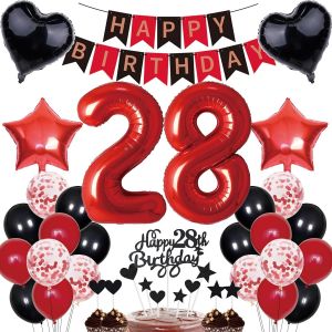 Tianyi-Décorations D'anniversaire Pour Homme Et Femme - Cadeau Pour 28e Anniversaire - Décoration De Gâteau - Bannière Happy Birthday - Rouge Et Noir - Kit De Décoration Pour 28 Ans - Chiffre 28 Ball - Neuf