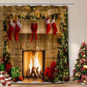 Tissu de No&euml;l Rideau de Douche, Rouge de No&euml;l Rideaux de Douche pour la salle de Bains, d'Hiver Vacances de No&euml;l, D&eacute;cor de salle de Bains, Arbre de No&euml;l de Mod&egrave;le de Chemin&eacute;e - Neuf