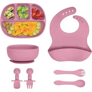 Kal-Assiette B&eacute;b&eacute;, Assiette En Silicone Pour B&eacute;b&eacute;,Lot De 7, Coffrets Repas Bebe Silicone, Enfant Set Couverts Vaisselle Pour Sevrage Manger Apprentissage Ventouse Pour B&eacute;b&eacute;(Rose) - Neuf