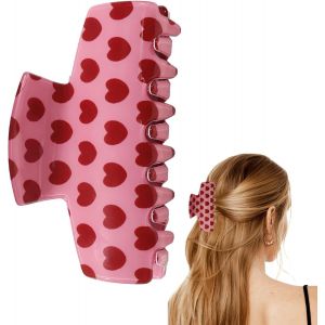 Griffe À Cheveux Rose Avec Motif De Coeur Rouge, 9,7cm/3,8pouces Grande Griffe Pour Femmes & Filles, Accessoire Chevelu Romantique & Mignon Avec Tenue Sûre - Neuf
