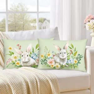 Trahoo-Housse De Coussin Lapins 30 X 50 Cm Fleurs Color&eacute;es Vert D&eacute;coratif Taie D'oreiller Pour Canap&eacute; Salon Chambre Chaise Jardin Maison D&eacute;coration 2 Pi&egrave;ces - Neuf