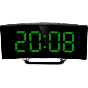 R&eacute;veil Num&eacute;rique, Surface Miroir avec Luminosit&eacute; R&eacute;glable &Eacute;cran LED Incurv&eacute; Fonction Snooze 12/24 Heures Port de Charge Batterie pour Chambre &agrave; Coucher - Neuf