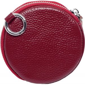 CAUC-Petit Portefeuille Rond en Cuir - Porte-Monnaie pour Cartes, Pi&egrave;ces et Petites Choses avec Mousqueton, Rouge - Neuf