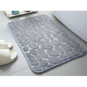 Tapis de bain antid&eacute;rapant &agrave; motif galets 50 x 80 cm, polaire corail grise - Neuf