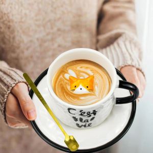 Eryi-3d Tasse À Café Chat En Céramique Avec Dessous De Verre, Mignonnes Tasse À Cappuccino 3d Chat, Tasse 3d Personnalisée Créative Pour Café, Lait, Cadeau D'anniversaire De Fille, Mère(200ml) - Neuf