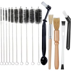 JGD-15 Pi&egrave;ces Brosse Nettoyage Cafeti&egrave;re Poign&eacute;e Bois, Brosse Gourde Moulin Caf&eacute; avec T&ecirc;te Brosse Nylon et Cuill&egrave;re pour Creuser Poudre Ettoyage, Goupillon Paille pour Bouteille/Tuyau Lait/Outils Exp - Neuf