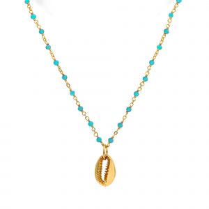 Collier Chaine En Argent Dor&eacute; Avec Pierres Naturelles Turquoise Et Coquillage - Neuf