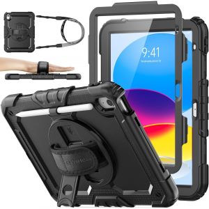 Coque pour iPad 9&egrave;me/8&egrave;me/7&egrave;me G&eacute;n&eacute;ration 10,2 Pouces 2021/2020/2019, Coque Antichoc avec Protecteur D'&eacute;cran, Support Rotatif &agrave; 360&deg;/Dragonne, Porte-Crayon et Bandouli&egrave;re, Noir - Neuf