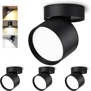 GeyouLux LED Spot en Saillie Orientable, 7W 800LM Ø82×80mm Spots de Plafond, 3000K/4000K/6500K Rotation à 350°+90° Spot LED, Aluminium Rond Noir Plafonnier Spot LED Orientable, 1 pièce - Neuf