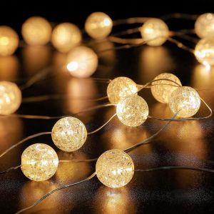 TRAHOO-Guirlande lumineuse avec boules de cristal craquel&eacute; - 300 cm - 30 LED - Guirlande lumineuse int&eacute;rieur/ext&eacute;rieur &agrave; piles - Pour mariage, No&euml;l, Saint-Valentin, chambre &agrave; coucher, f&ecirc;te - Neuf