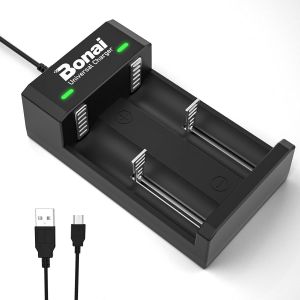 Chargeur de Piles Universel, 2 Slots Chargeur Piles Rechargeable 3.7V Lithium-ION 26650 22650 18490 17670 17500 16340 (CR123 CR2), Chargeur Batteries 1.2V Ni-MH Ni-CD AA AAA - Neuf