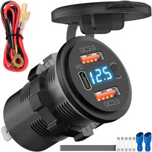 Eryi-Chargeur De Voiture 3 Ports Usb 12v 66w Double Charge Rapide 3.0 Prise Usb-C Pd 3.0 Étanche Interrupteur D'alimentation Avec Fusible Et Attaches De Câble Pour Téléphone Bateau Camping-Car - Neuf