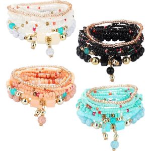 Kalsw-4-6 Ensembles Bracelets De Perles Empilables Bohème Pour Femmes Filles Stretch Bangles Style Bohème Stretch Multilayered Bracelet Set Bijoux Multicolore - Neuf